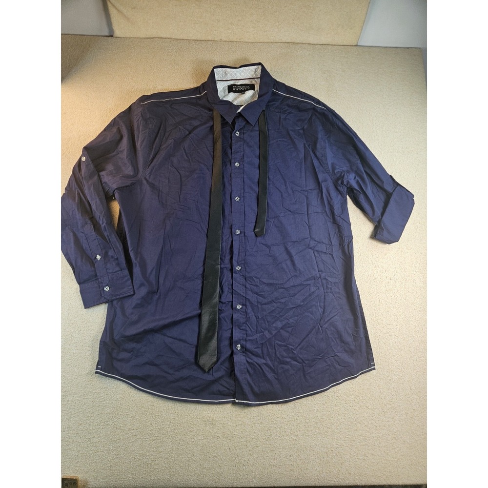 Tranquility & Mayhem Men's 4XL Navy Blue Button Down Shirt Black Tie Detail